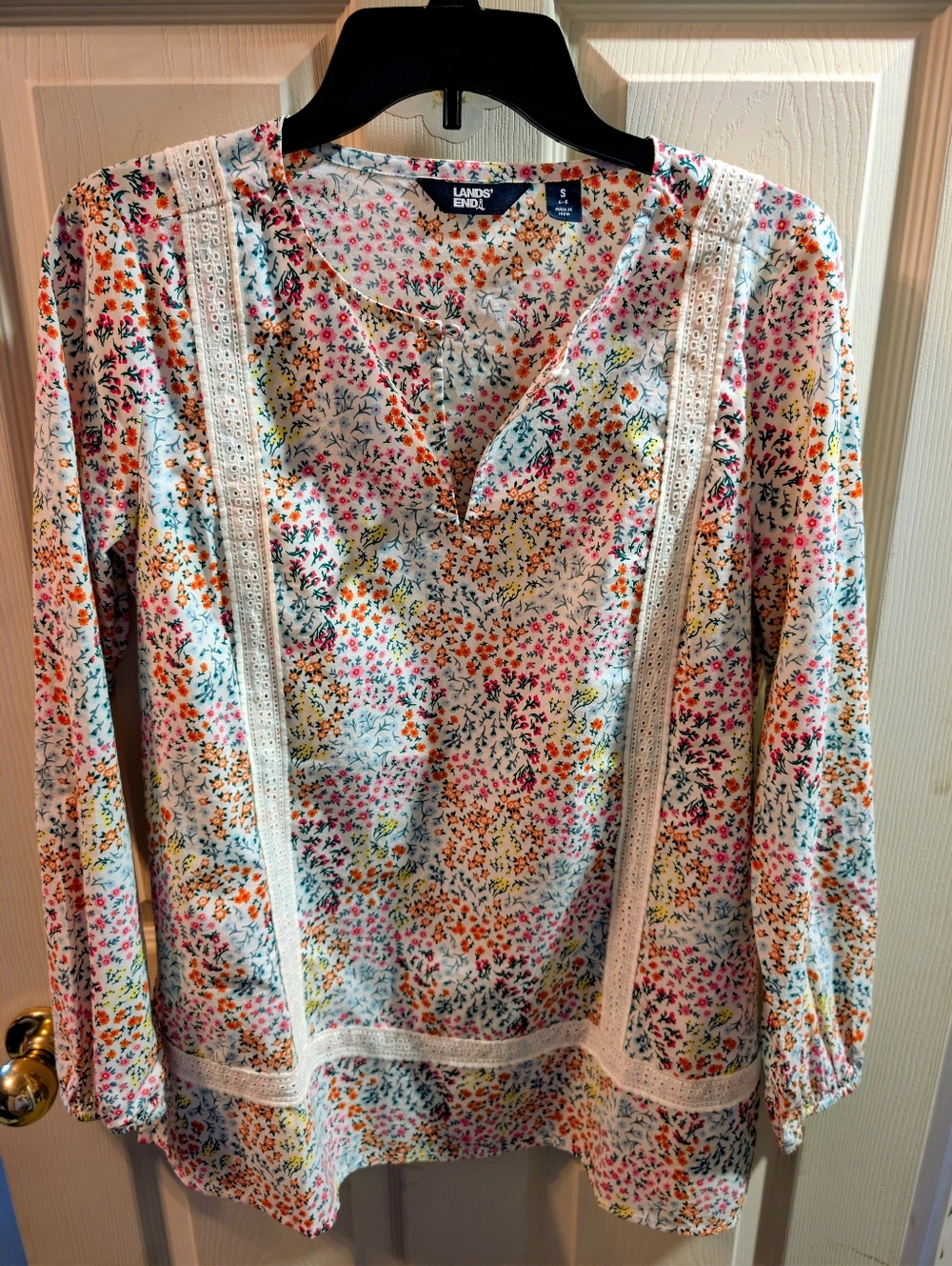 Lands' End White Floral Lace-Trim Tunic with Multicolor Print
